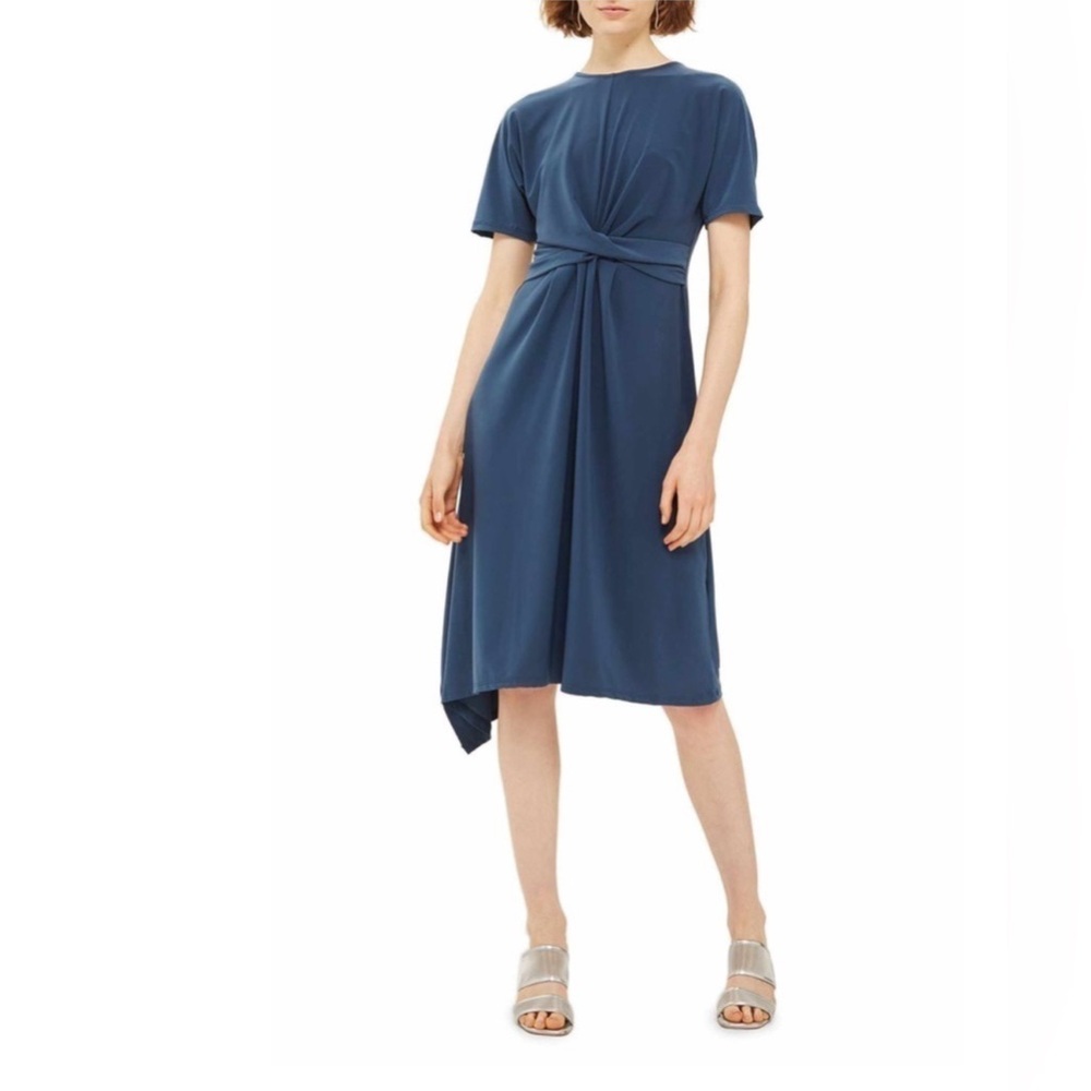 Topshop Midi Dress Knot Twist Front Teal Blue Short Sleeve asymmetrical hem Sz 6
